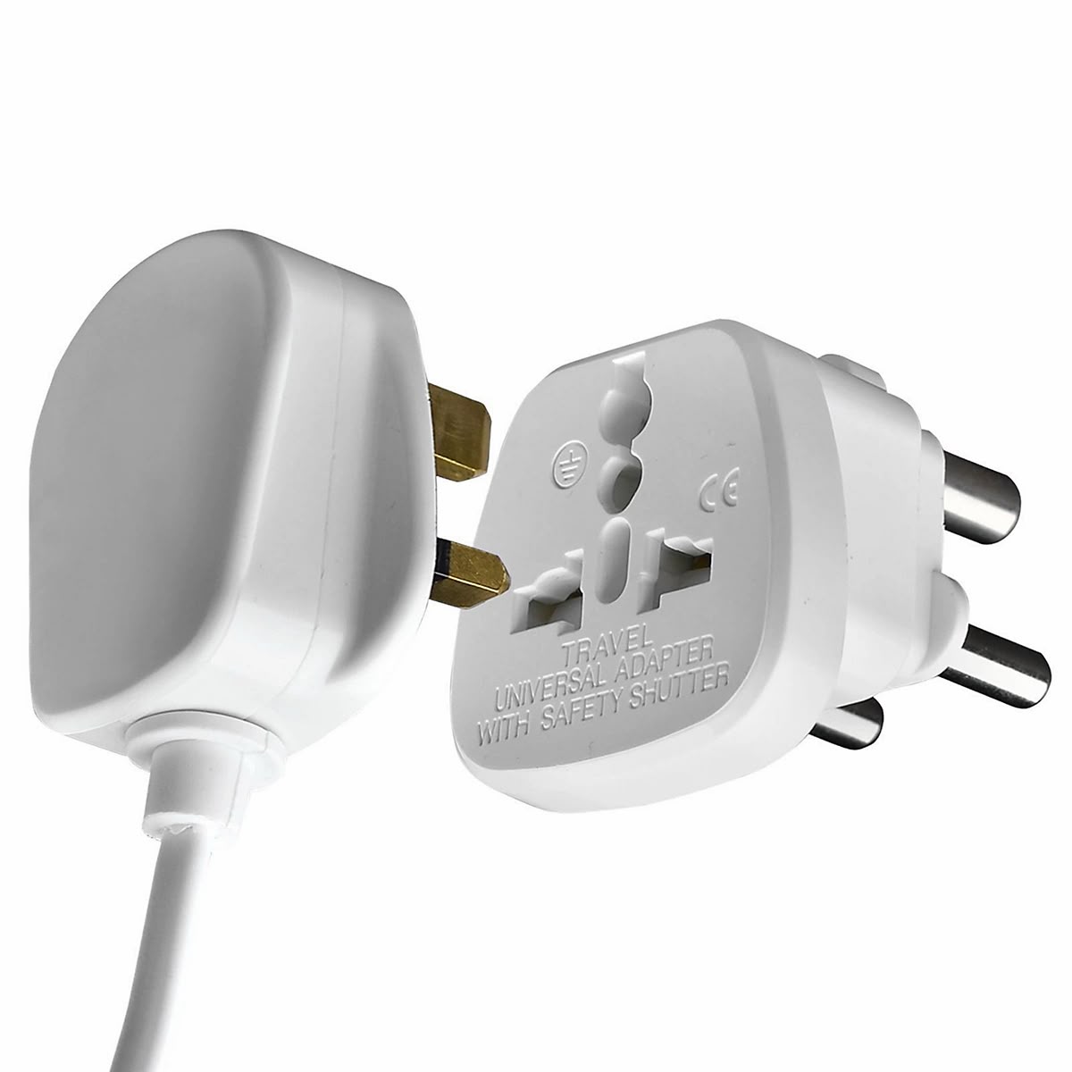 A universal travel adapter with South African pins, with a UK plug going into the front